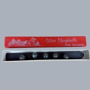 Vintage Towle Silversmiths Silver Sleigh Bells on Leather Strap Original Box 17"